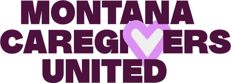 Montana Caregivers United logo - Purple text with a heart outline replacing the "V"